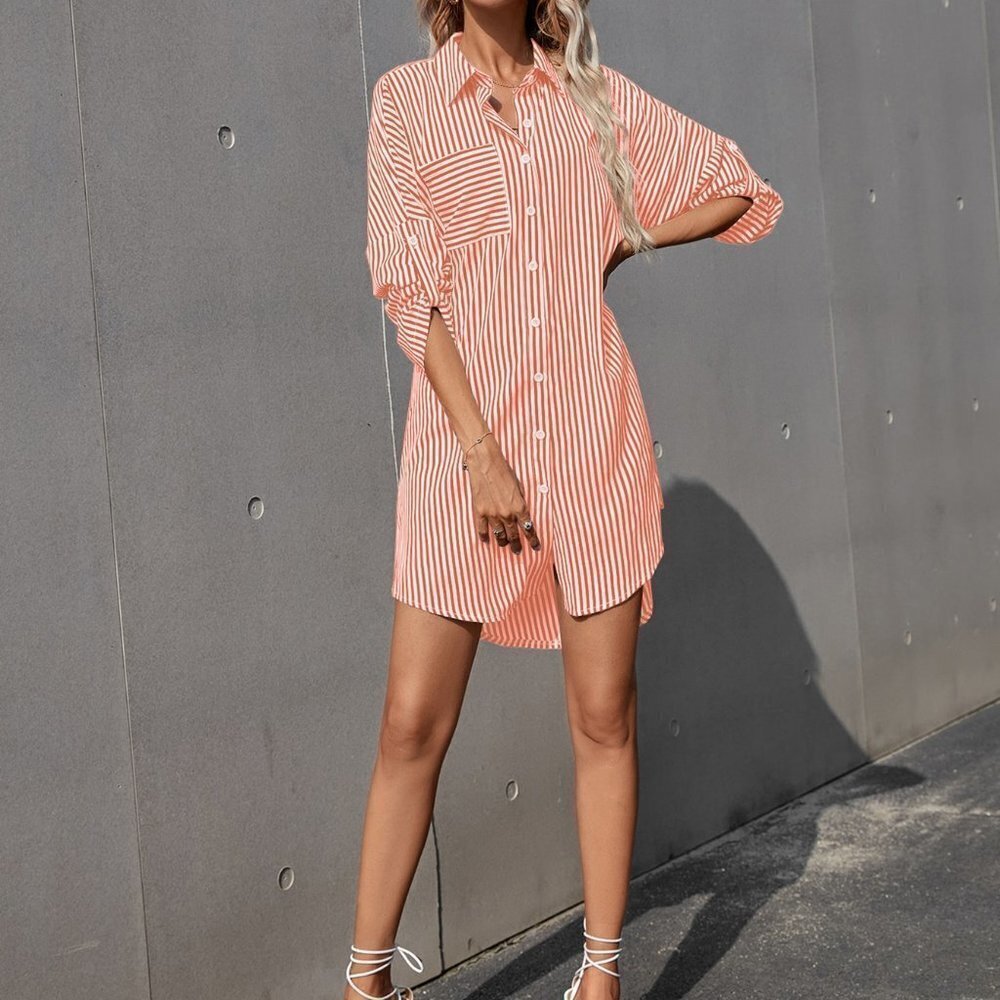 Coral Orange Casual Women's Striped Rolled Sleeve Shirt Dress - Picture 4 of 5